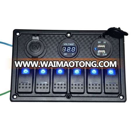 Hot 12V 24V 6 Gang Led Light Marine Rocker Switch Panel With USB Charger